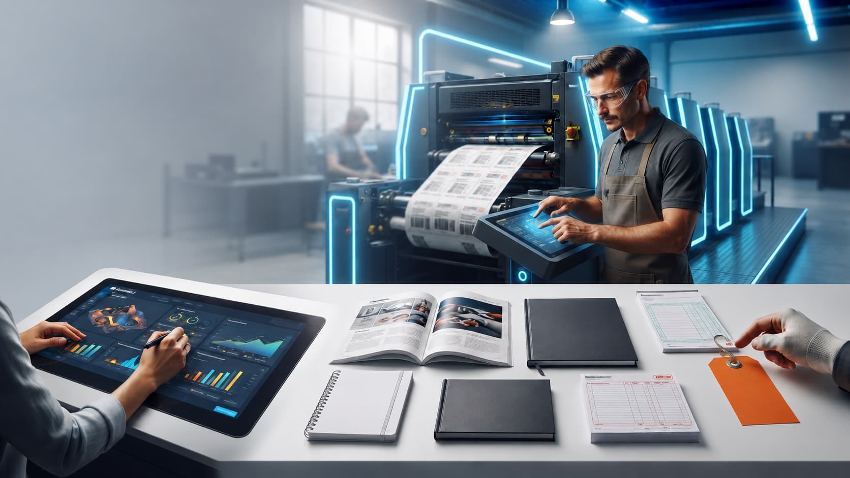 Composición visual de impresión y producción gráfica empresarial